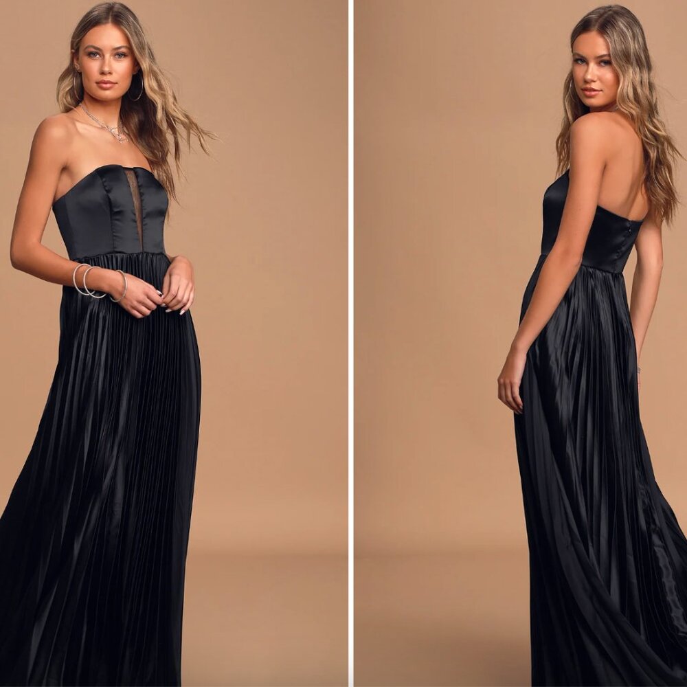 Lulus Always Be My Love Black Satin Strapless Pleated Maxi Dress